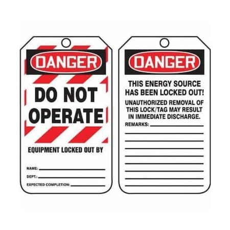 Accuform Safety Tags, DANGER DO NOT OPERATE EQUIPMENT LOCKED OUT, 5.75in x 3.25in, HS-Laminate, 25PK MLT409LTP